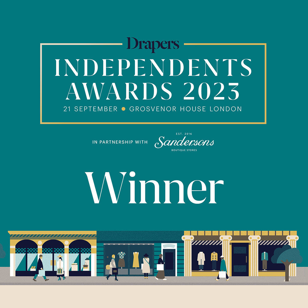 Drapers Independents Awards 2023 winner graphic with boutique storefronts illustration