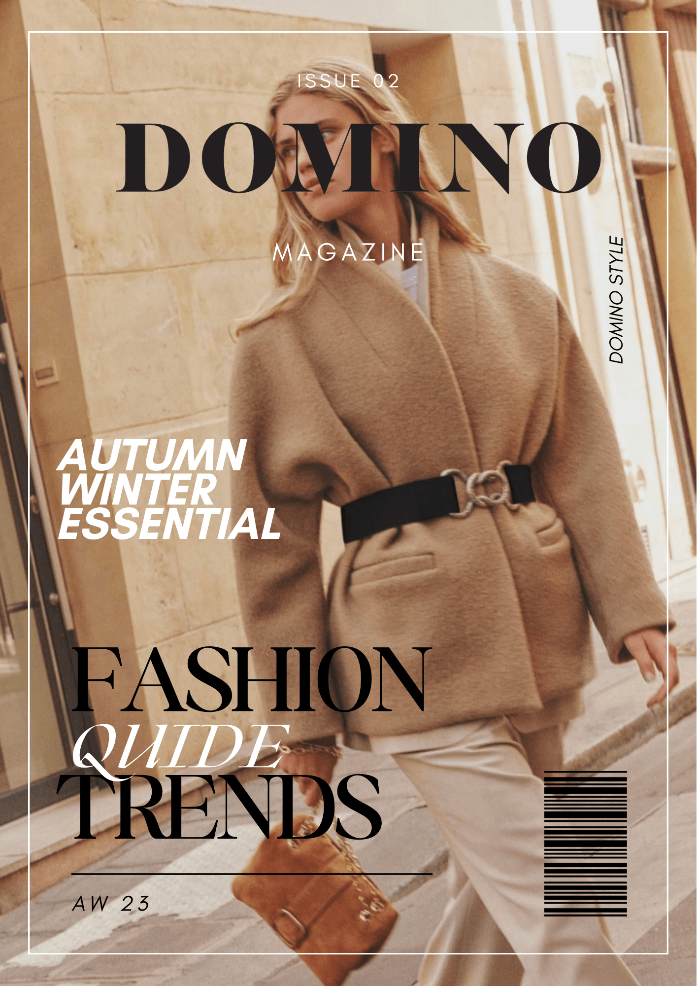 Woman in camel coat and cream trousers walking outdoors, autumn winter fashion magazine cover