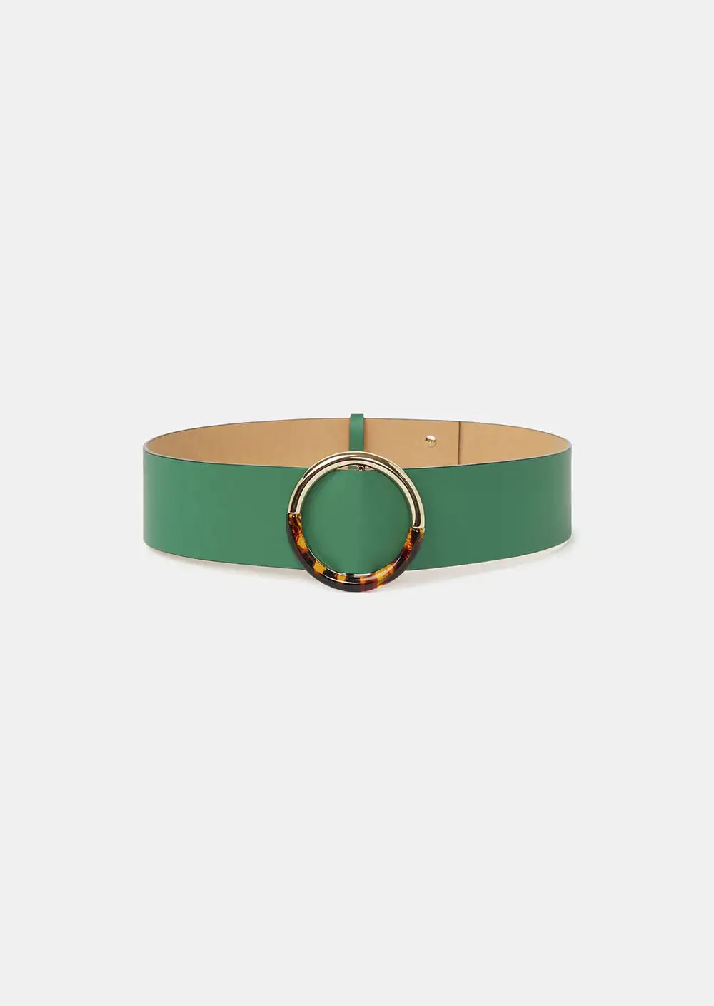 Wide green waist belt with gold and tortoiseshell round buckle on white background