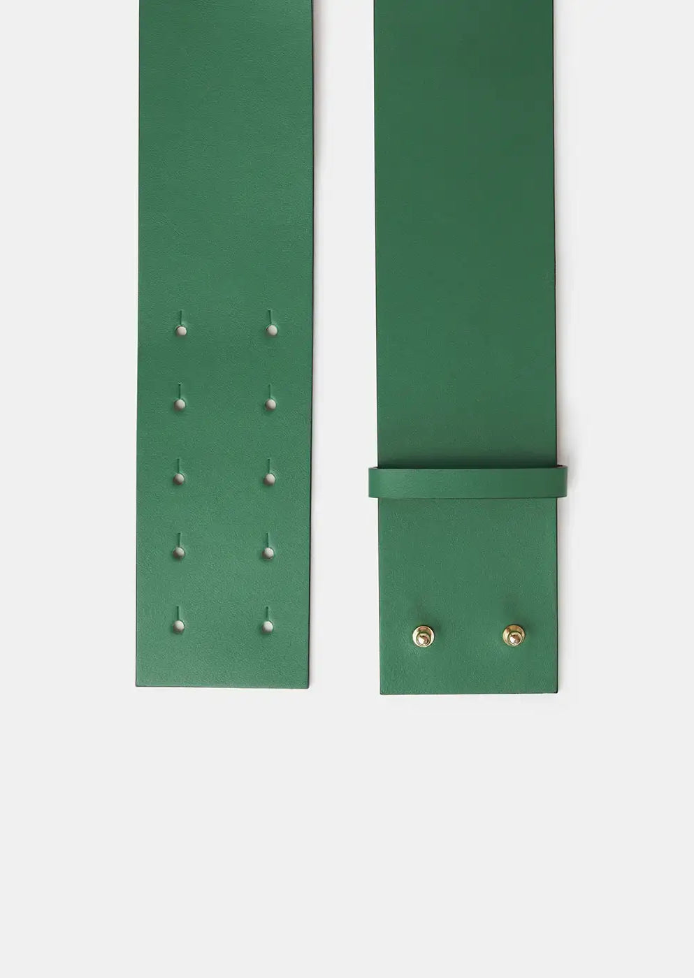 Wide green leather belt with gold-tone rivets and multiple adjustment holes, laid flat