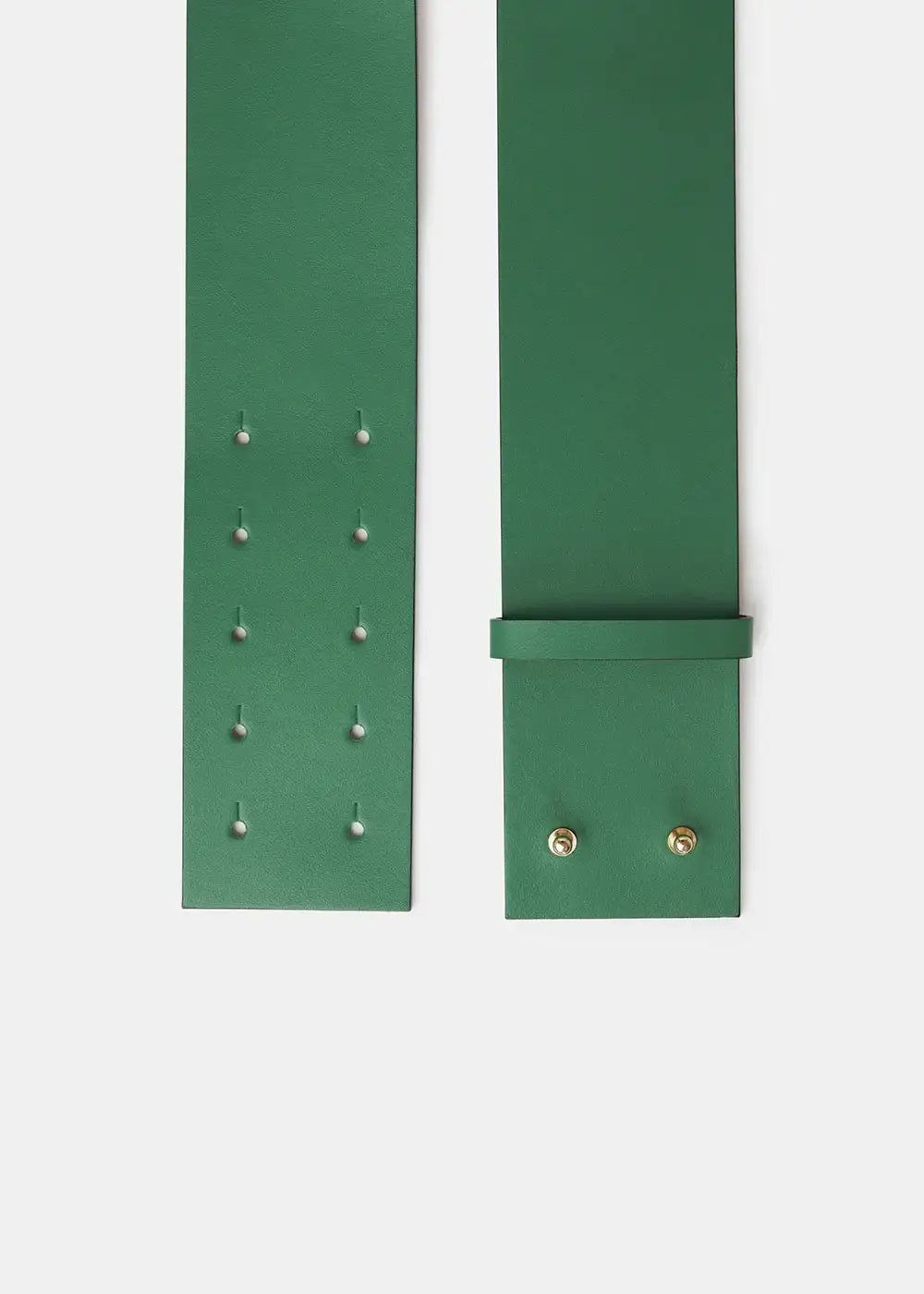 Wide green leather belt with gold-tone rivets and multiple adjustment holes, laid flat