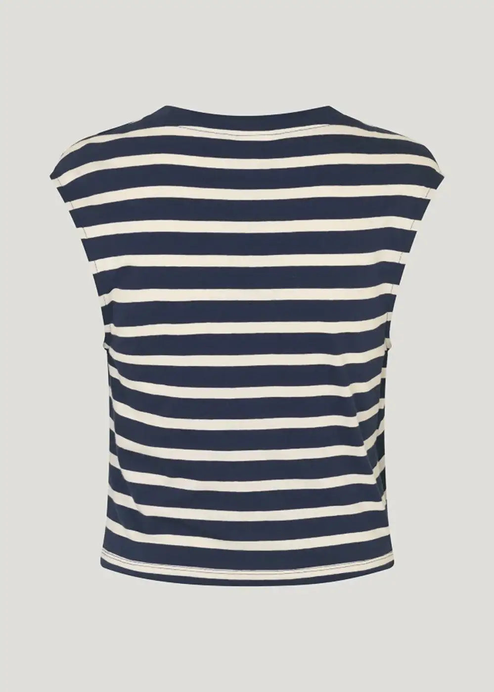 Back view of navy and white striped sleeveless women's top on plain background