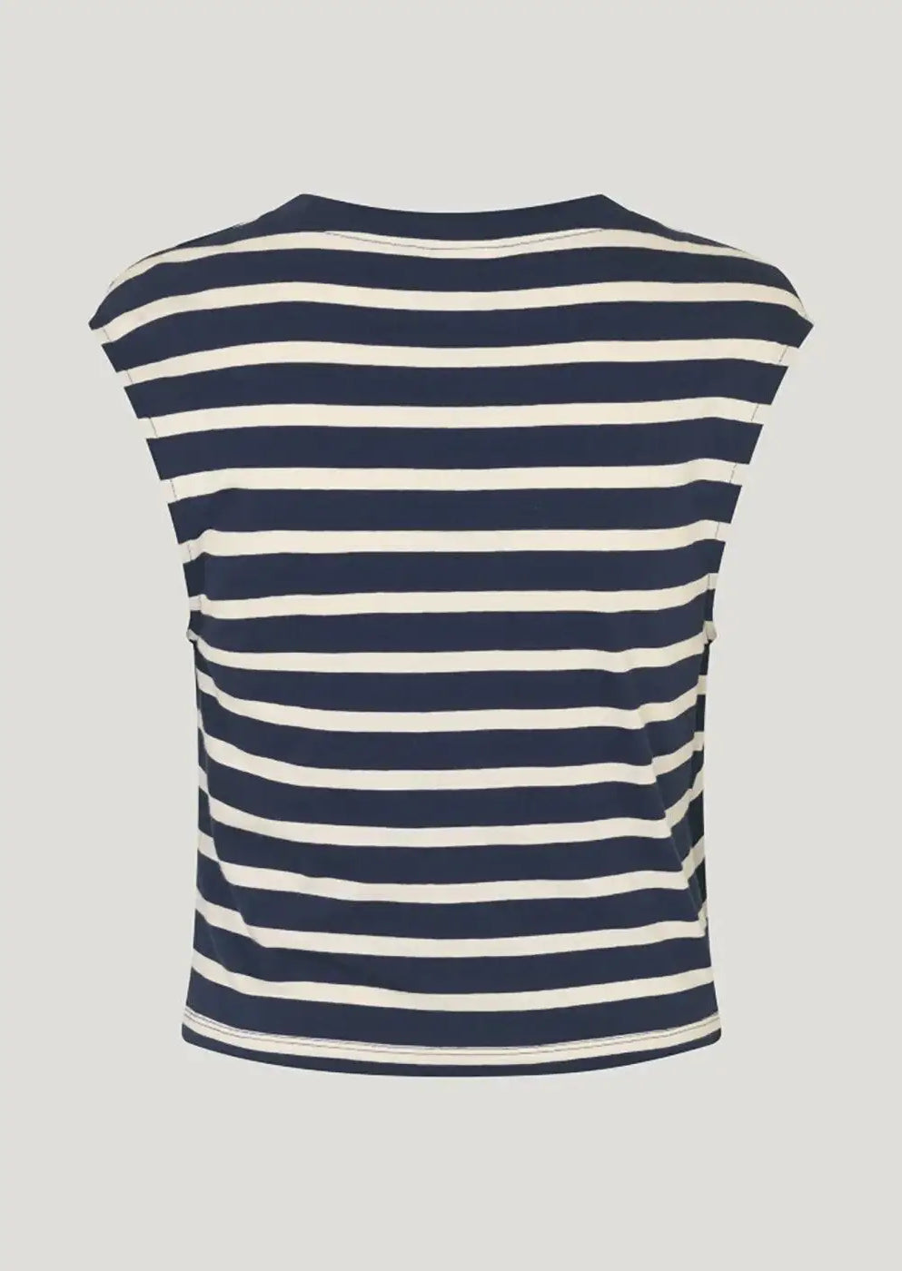 Back view of navy and white striped sleeveless women's top on plain background