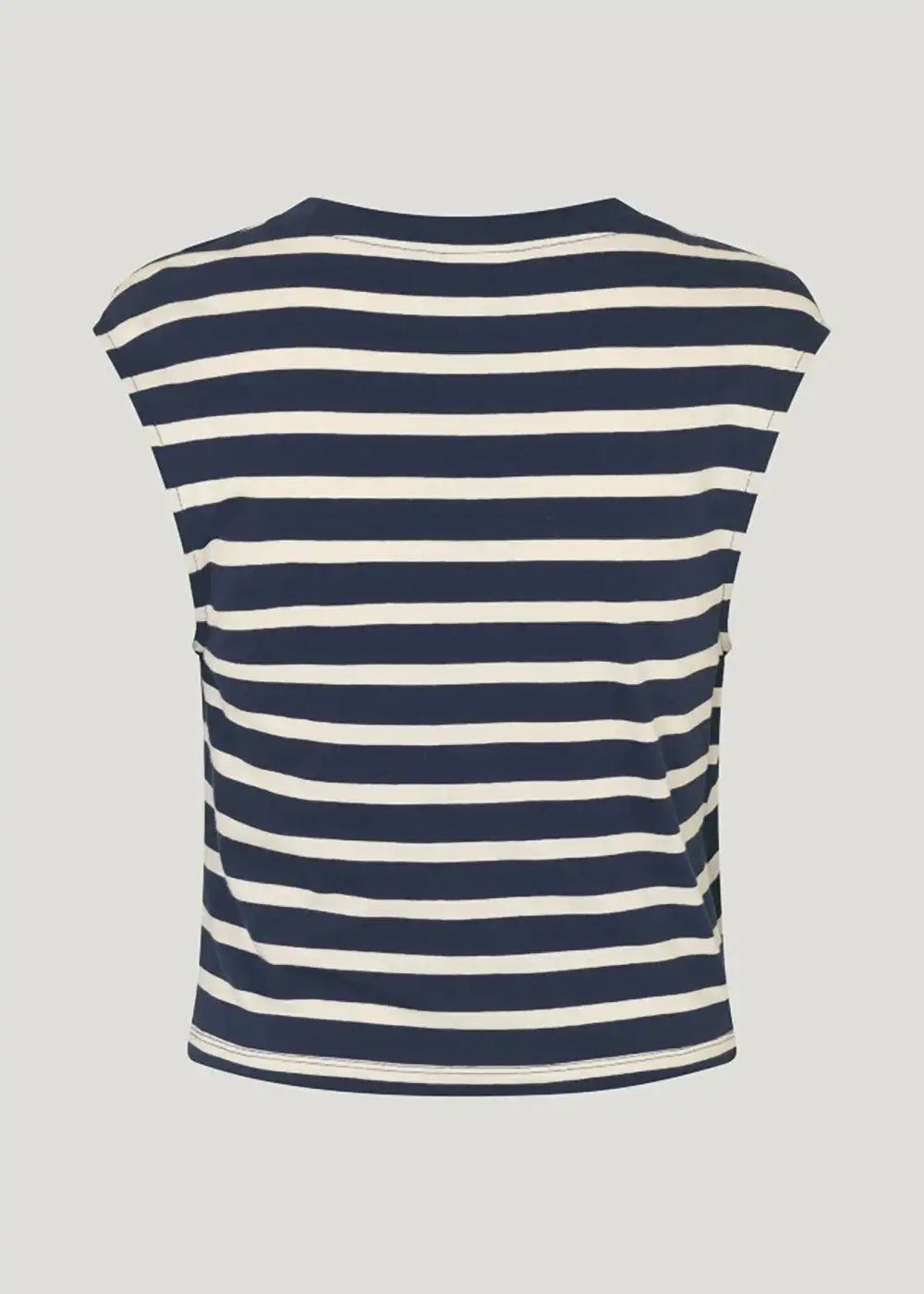 Back view of navy and white striped sleeveless women's top on plain background