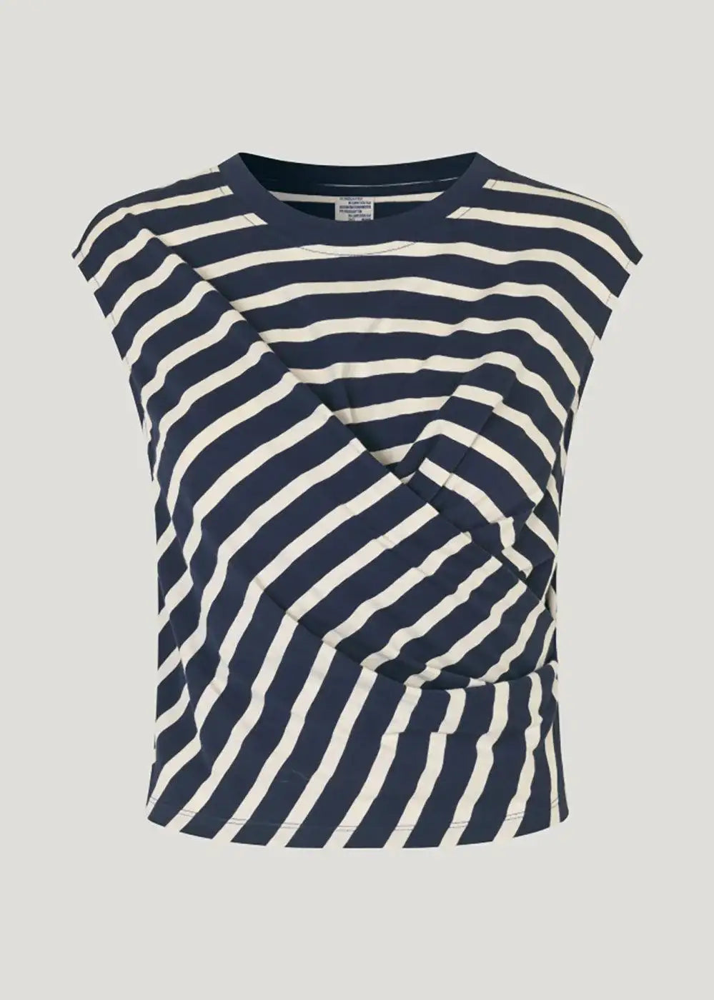 Navy and white striped sleeveless top with asymmetric draped front detail