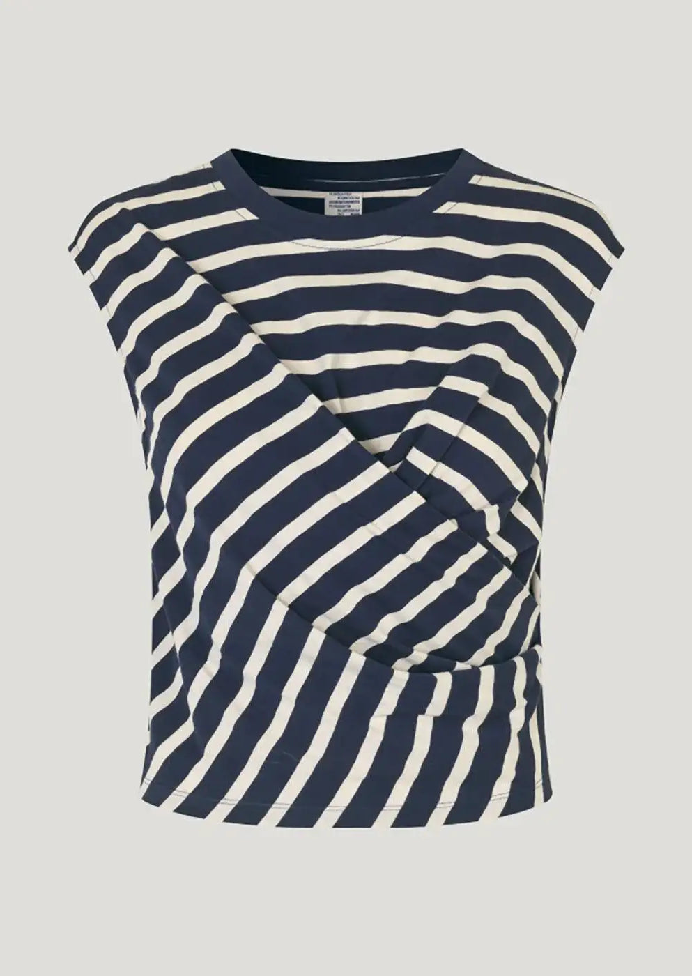 Navy and white striped sleeveless top with asymmetric draped front detail