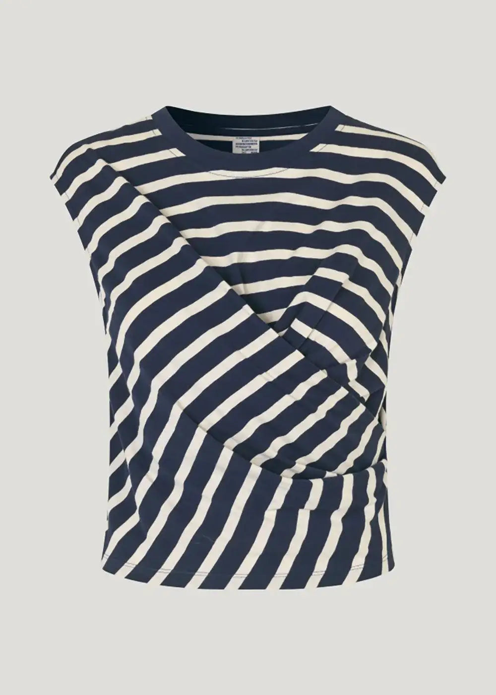 Navy and white striped sleeveless top with asymmetric draped front detail