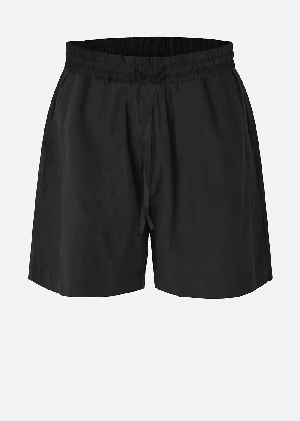 Black relaxed fit drawstring shorts with elastic waistband and side pockets
