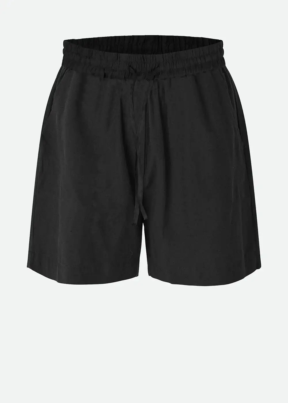 Black relaxed fit drawstring shorts with elastic waistband and side pockets