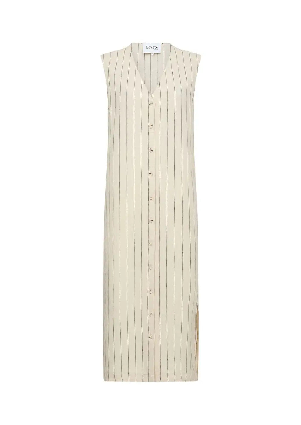 Sleeveless beige striped button-down midi dress with V-neck