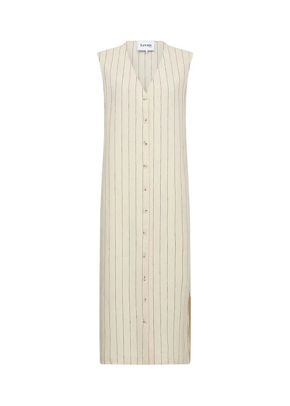 Sleeveless beige striped button-down midi dress with V-neck