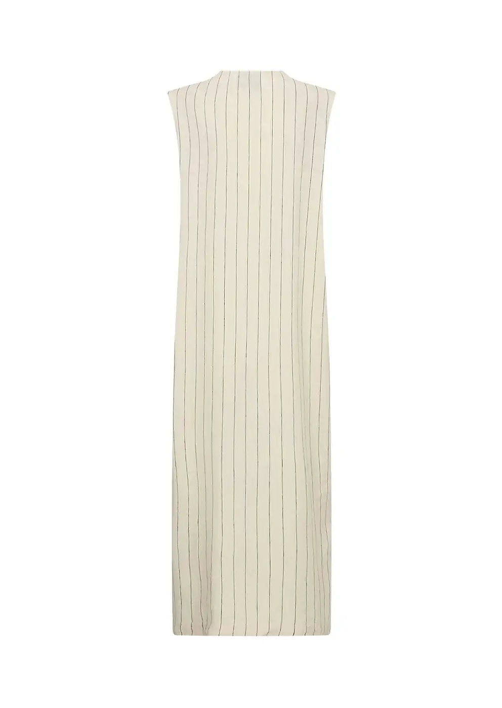Back view of a sleeveless cream midi dress with thin vertical stripes.