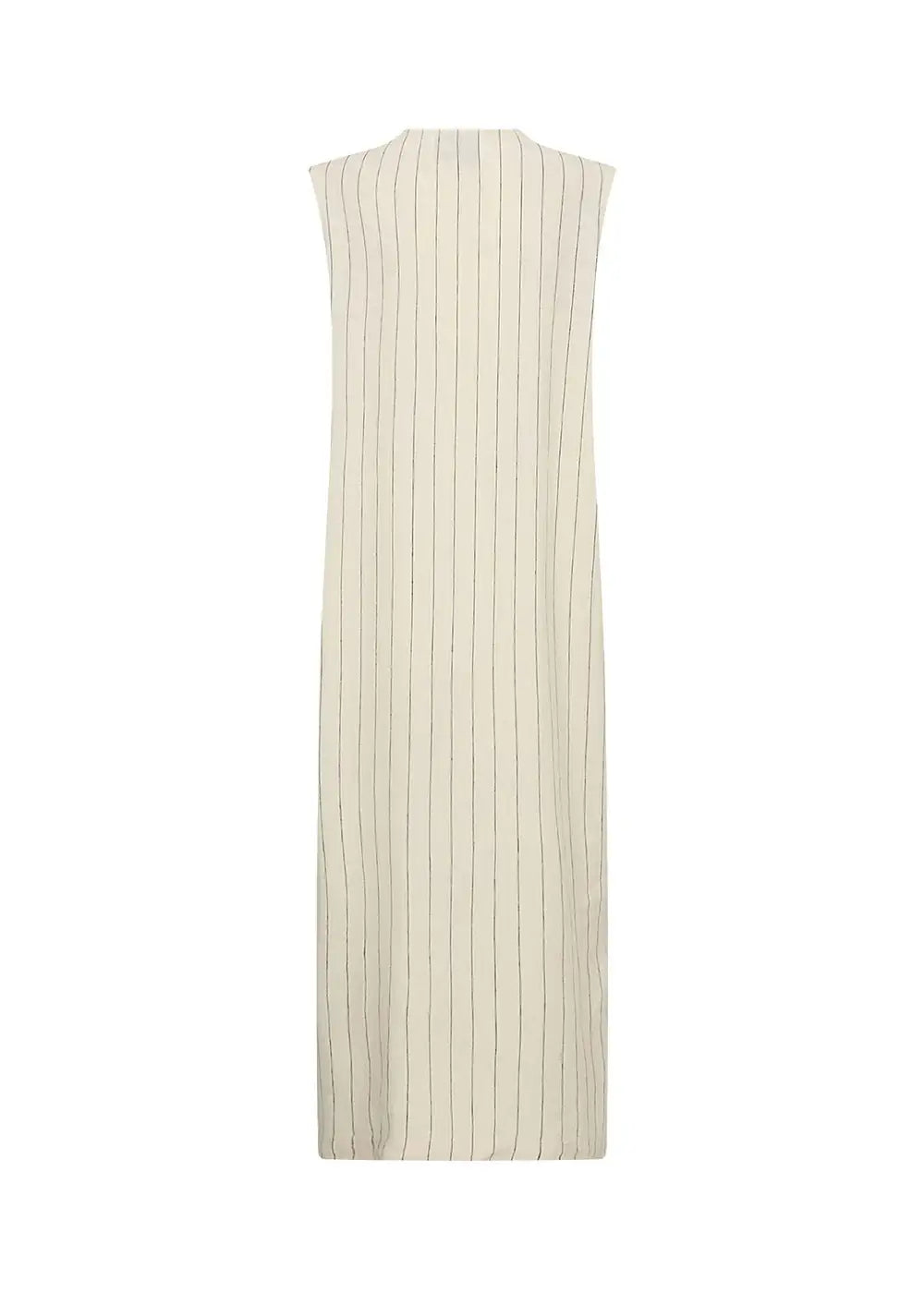 Back view of a sleeveless cream midi dress with thin vertical stripes.