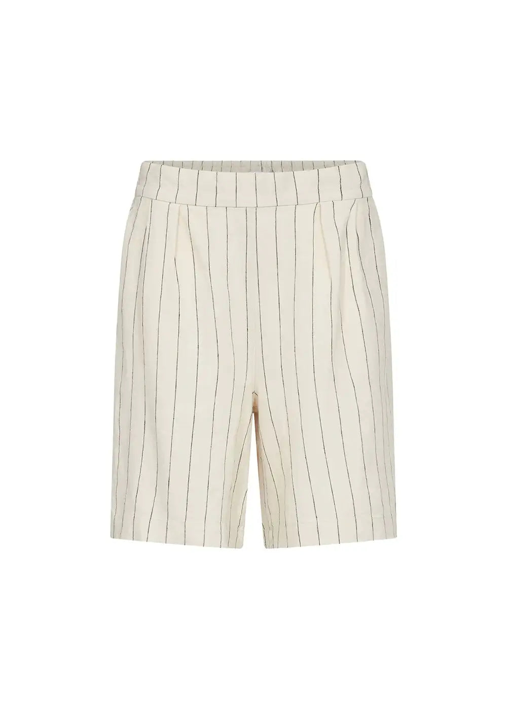 Cream linen shorts with black vertical stripes and elastic waistband, womens fashion