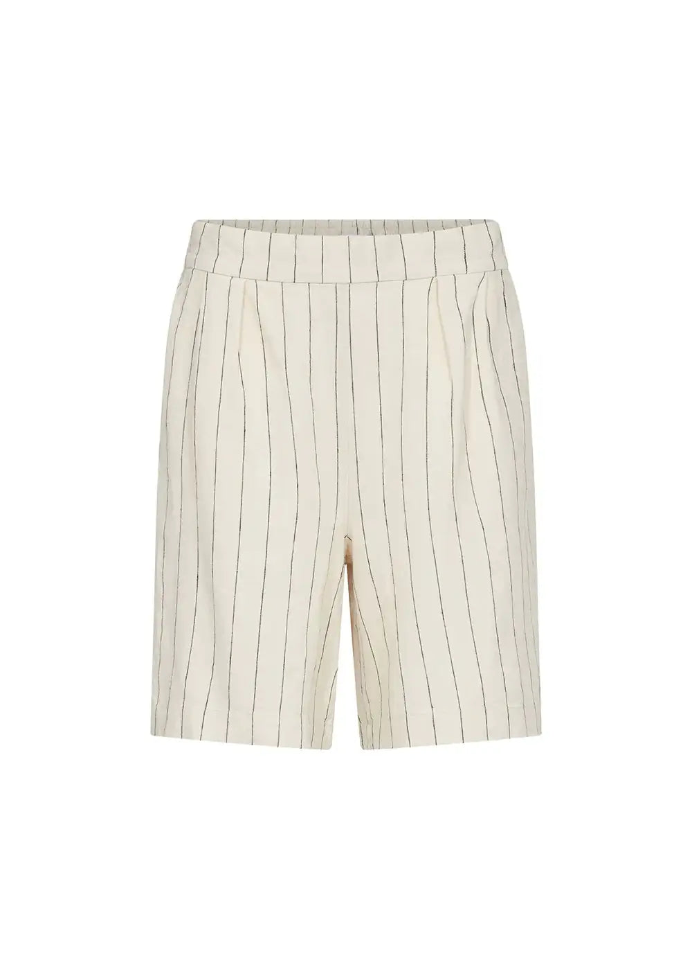 Cream linen shorts with black vertical stripes and elastic waistband, womens fashion