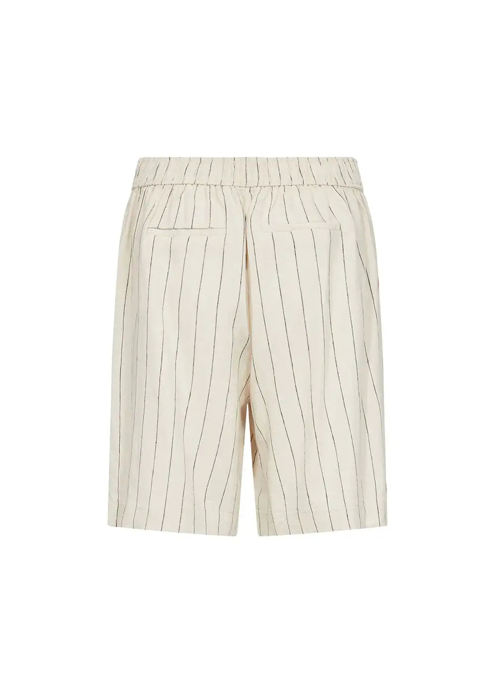 Beige pinstripe shorts with elastic waistband and back pockets, summer fashion