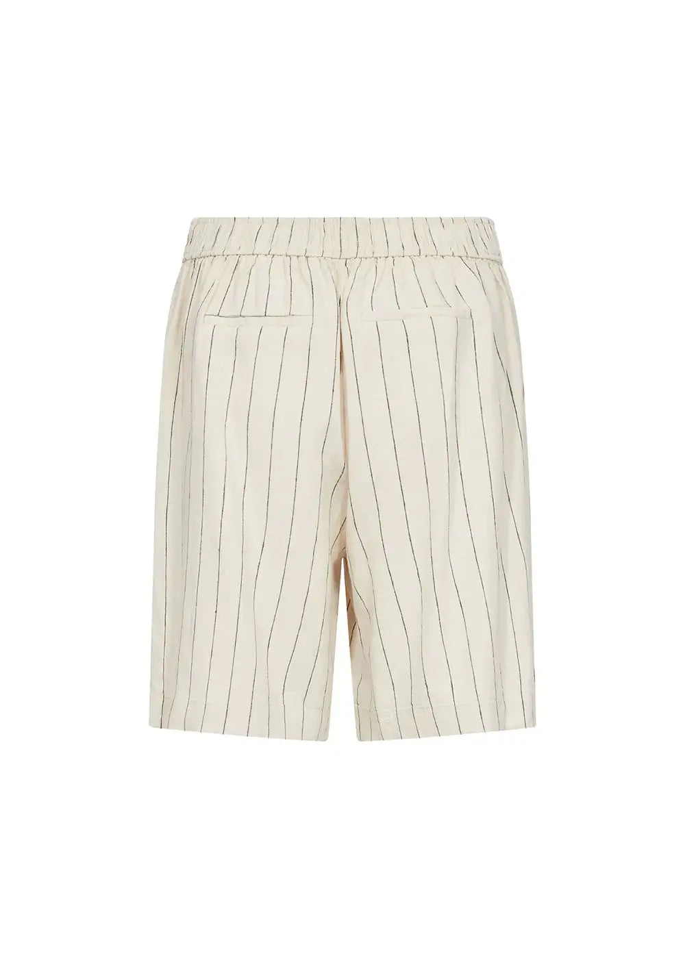 Beige pinstripe shorts with elastic waistband and back pockets, summer fashion