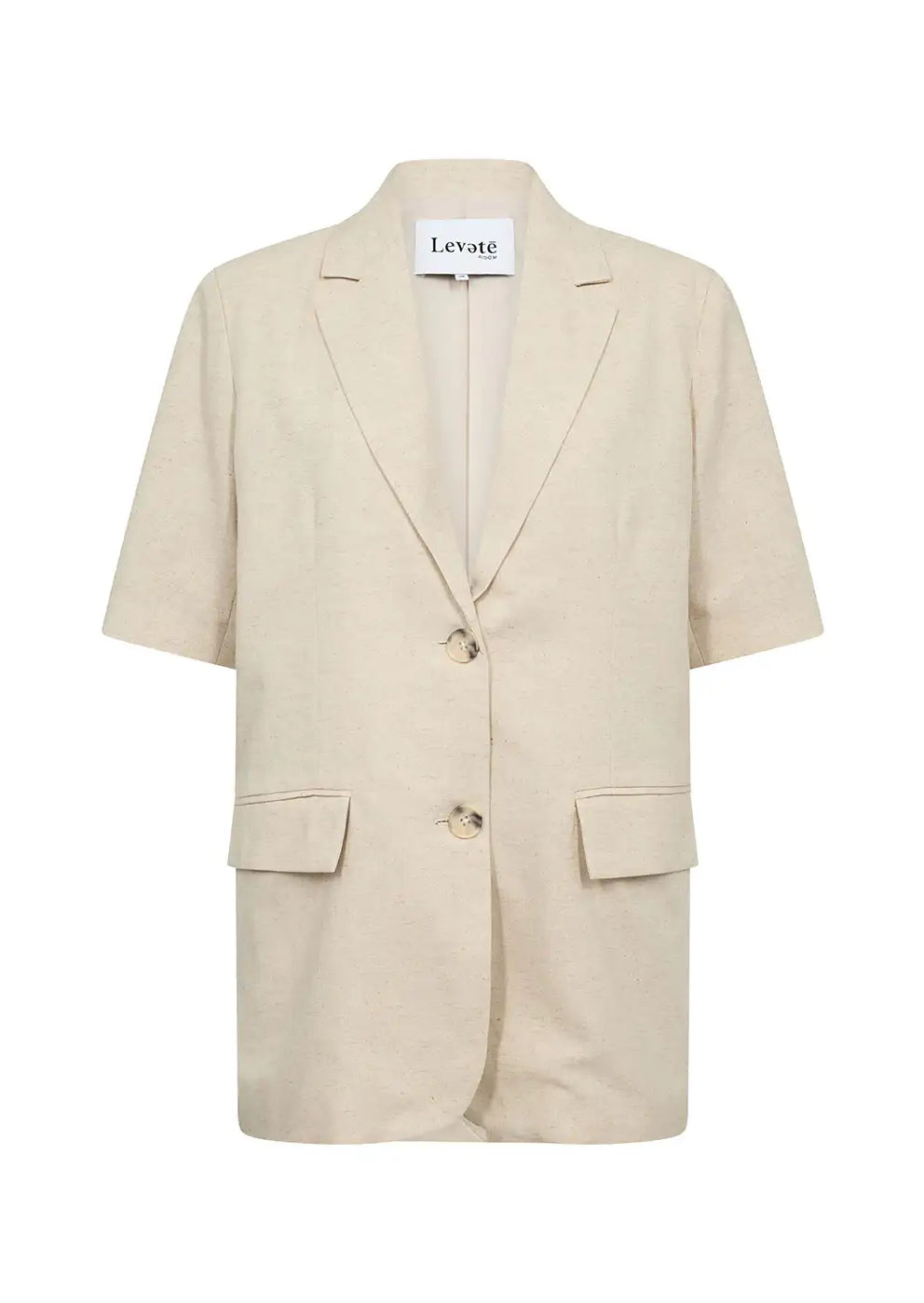 Beige short sleeve blazer with lapel collar, two buttons, and flap pockets, front view