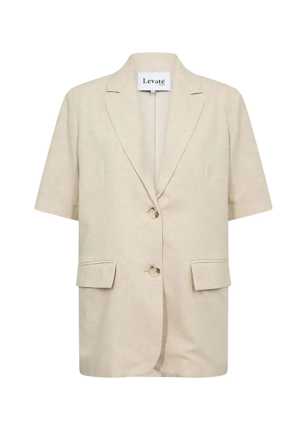 Beige short sleeve blazer with lapel collar, two buttons, and flap pockets, front view