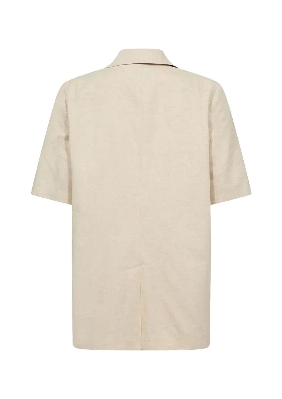 Back view of a beige short sleeve shirt with a relaxed fit and notched collar