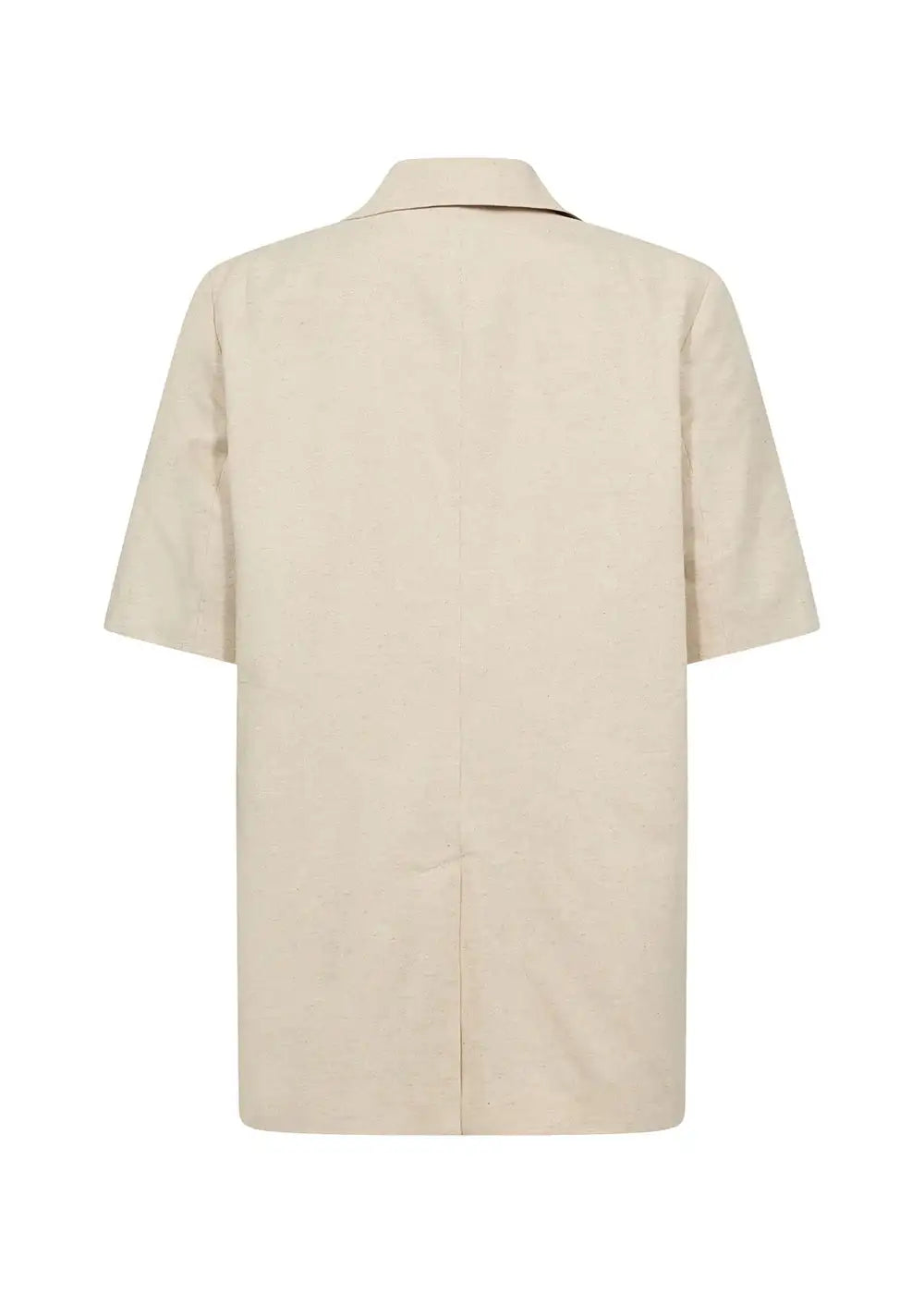 Back view of a beige short sleeve shirt with a relaxed fit and notched collar