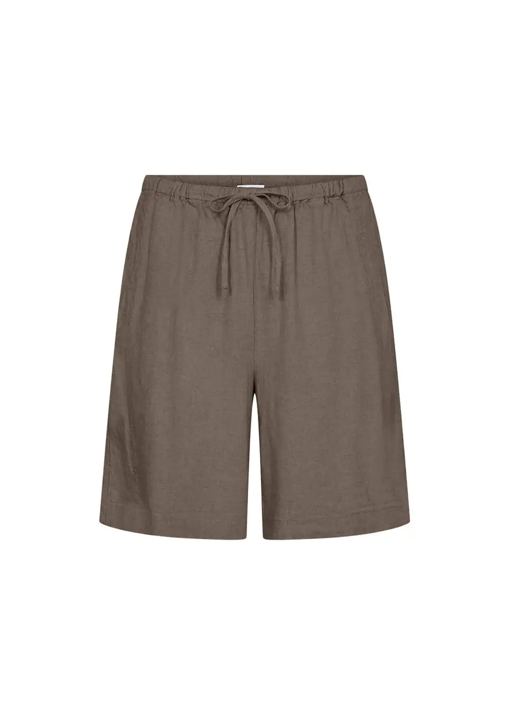 Brown linen drawstring shorts with elastic waistband, front view on white background.