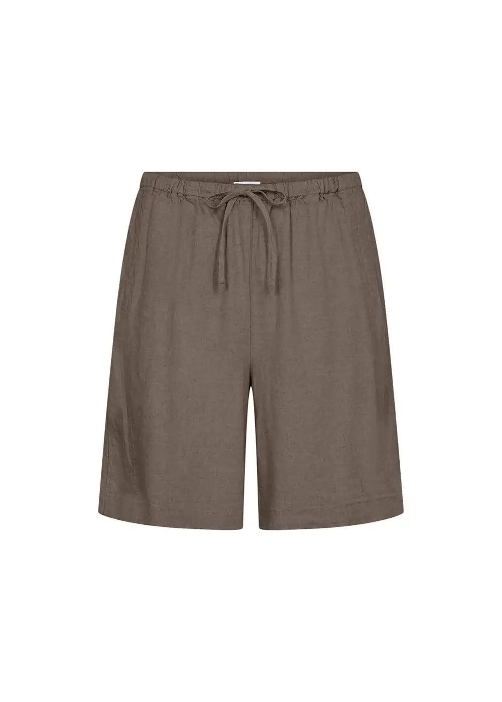Brown linen drawstring shorts with elastic waistband, front view on white background.