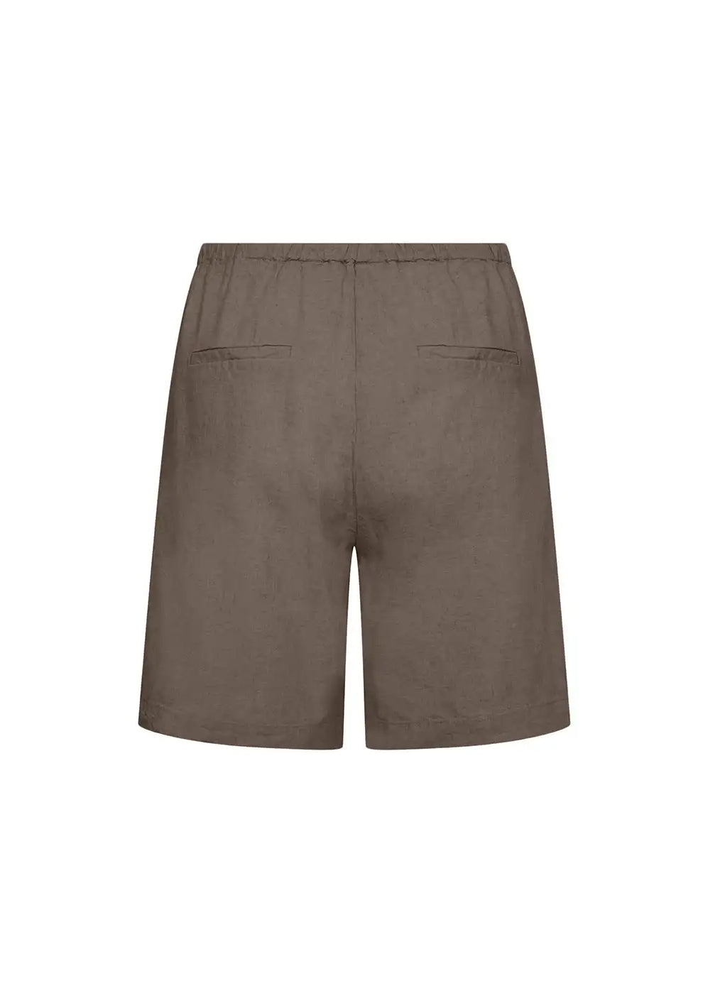 Back view of brown linen shorts with elastic waistband and two welt pockets