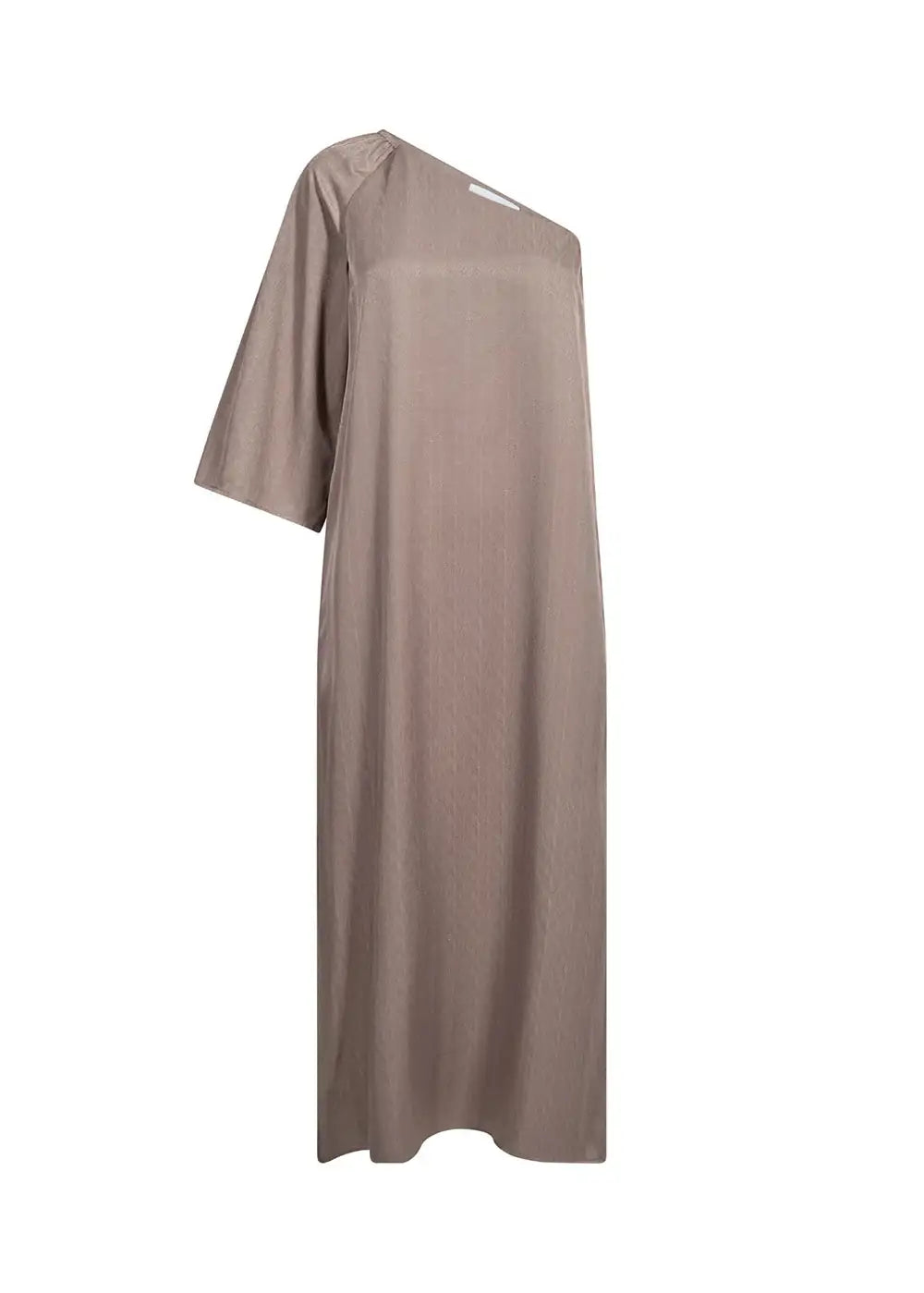 Taupe one-shoulder midi dress with wide short sleeve, relaxed fit, minimalist style