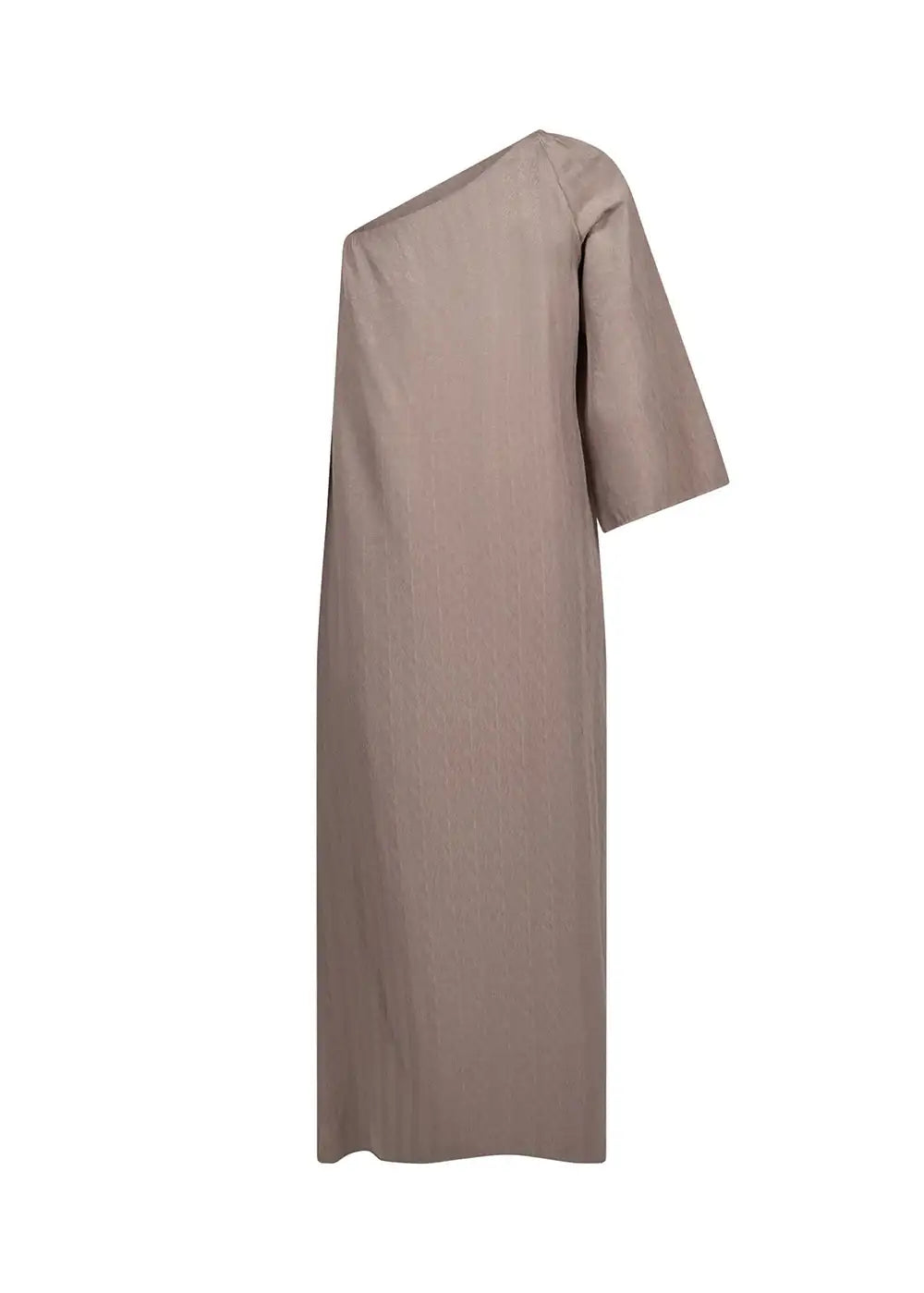 Taupe one-shoulder midi dress with elbow-length sleeve, minimalist style