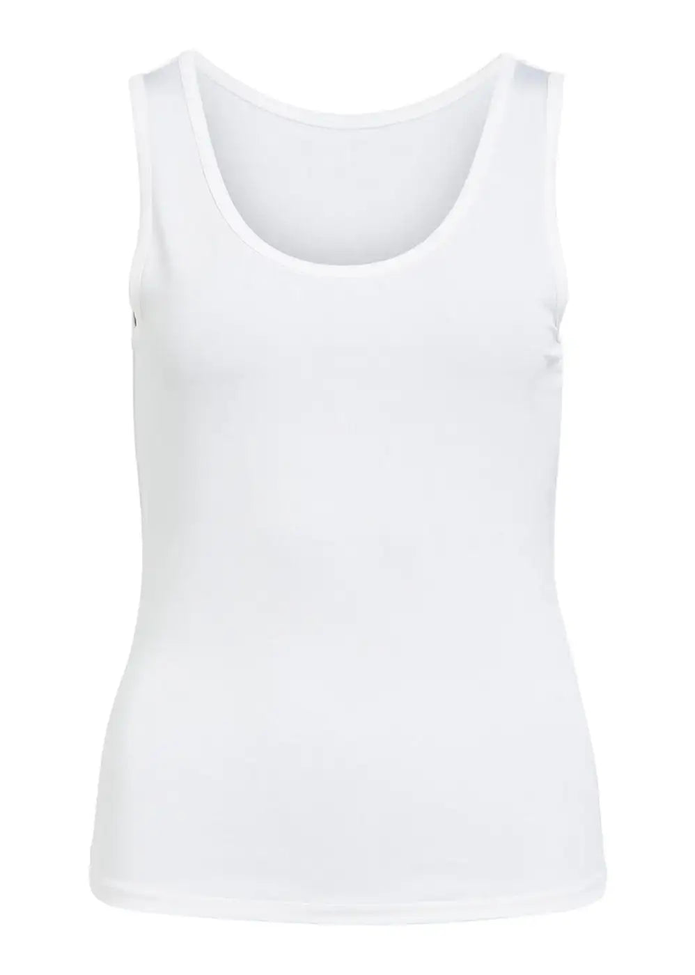 White sleeveless tank top with scoop neckline, basic fashion staple on plain background