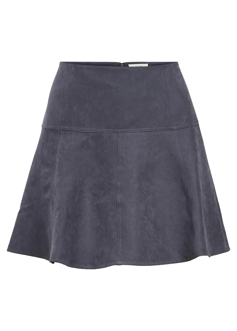 Women's dark denim A-line mini skirt with panel stitching, boutique fashion style