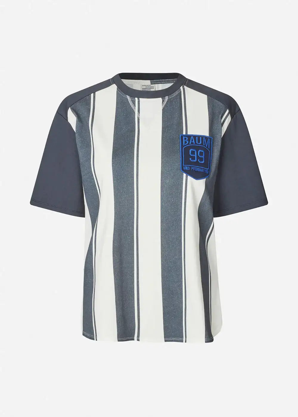 Navy and white vertical striped t-shirt with short sleeves and blue BAUM 99 chest patch