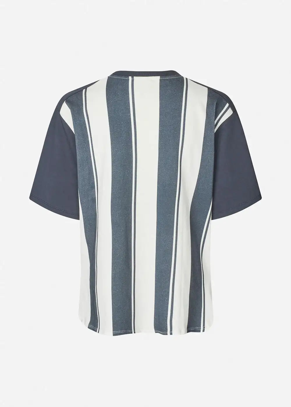 Back view of short sleeve t-shirt with navy and white vertical stripes, casual style