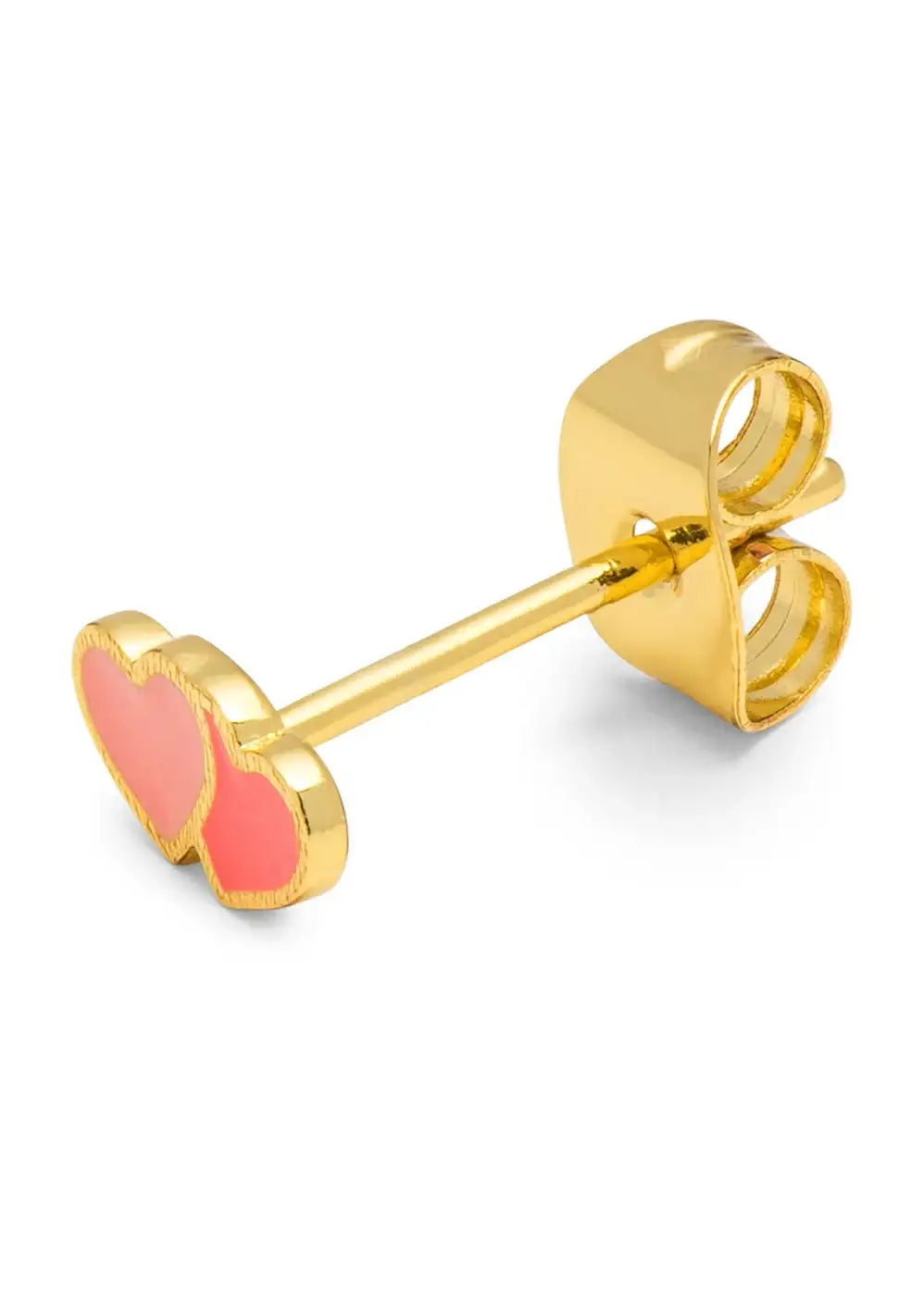 Gold plated ear stud with two heart shapes in coral pink and orange enamel