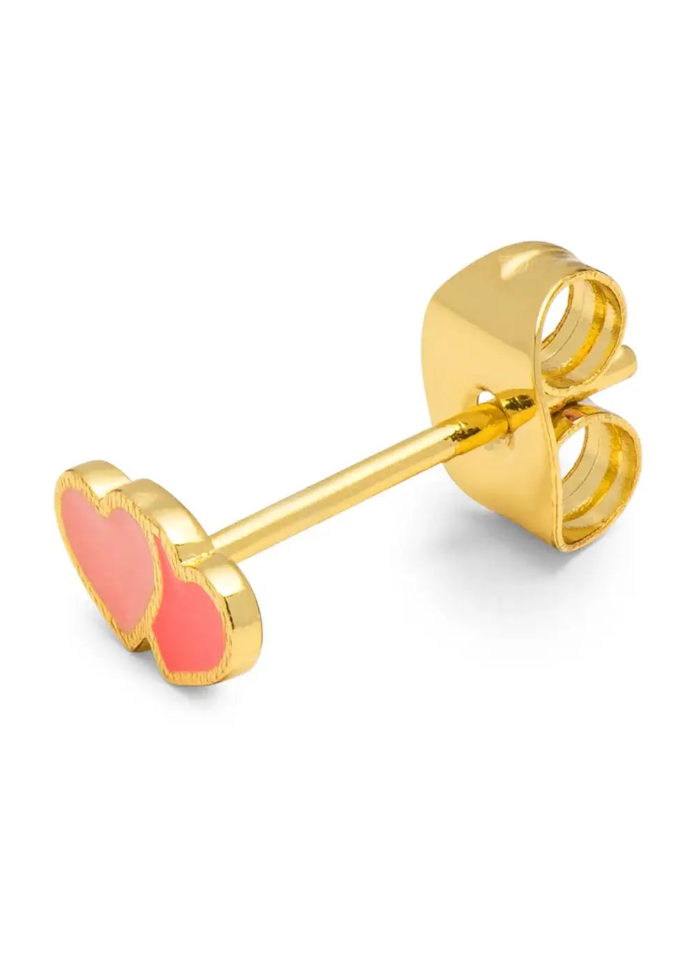 Gold plated ear stud with two heart shapes in coral pink and orange enamel