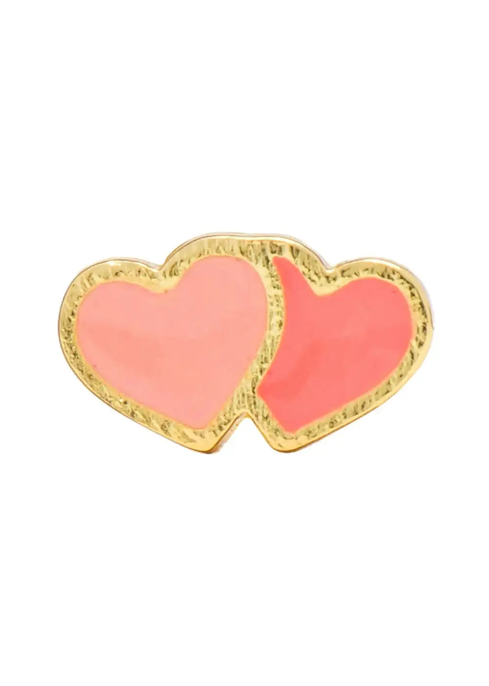 Gold-plated stud earring with two heart shapes in coral and orange enamel