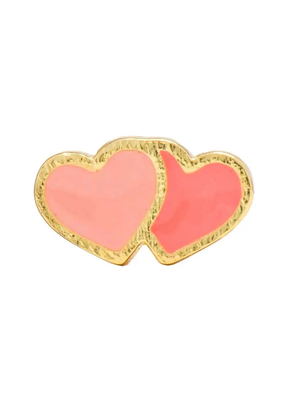 Gold-plated stud earring with two heart shapes in coral and orange enamel