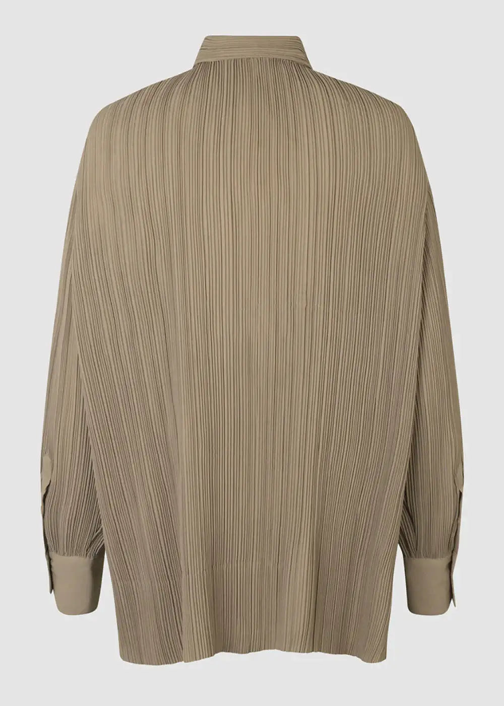 Back view of a beige long-sleeve pleated blouse with cuffed sleeves