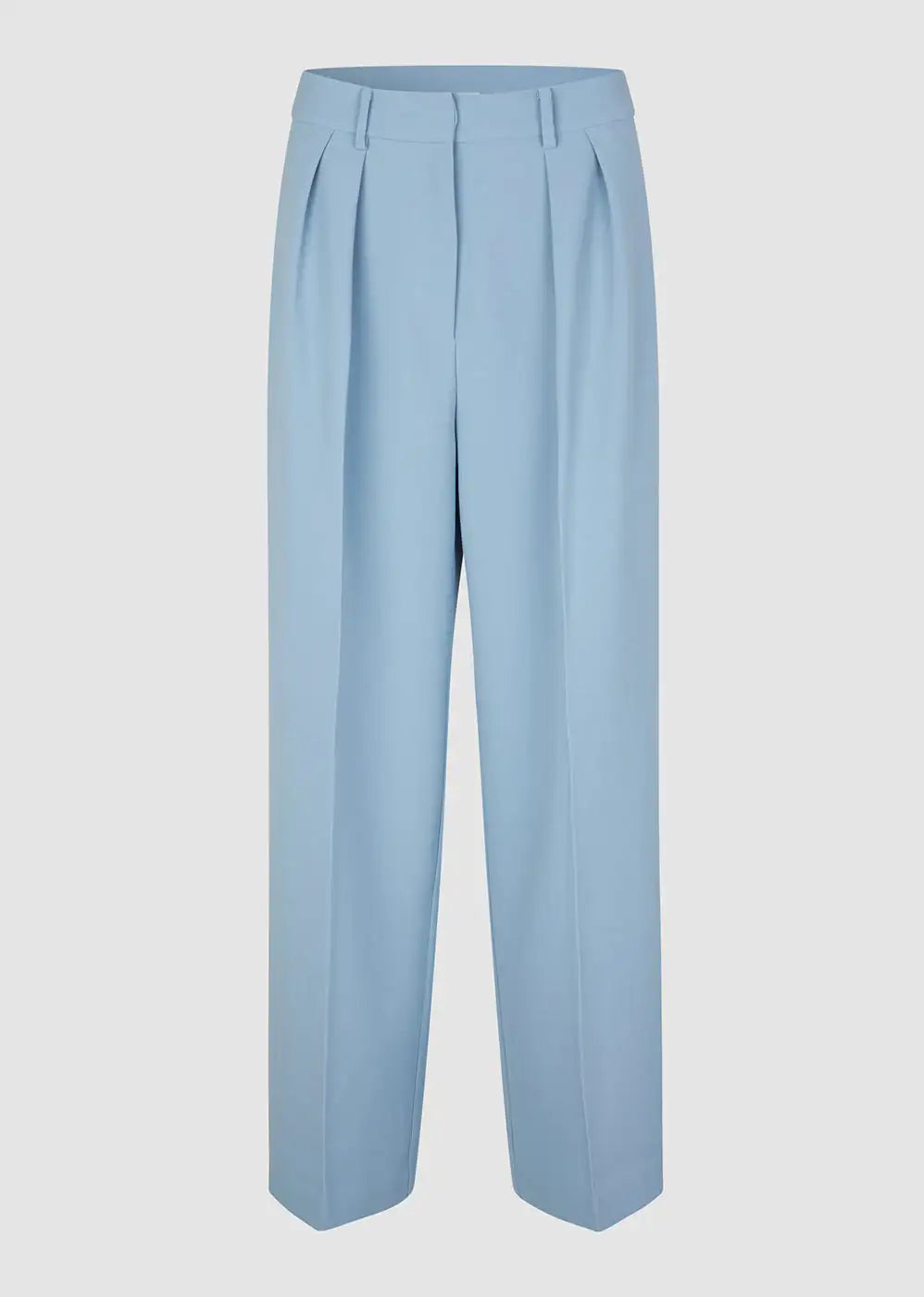Light blue tailored wide-leg trousers with front pleats and belt loops on white background