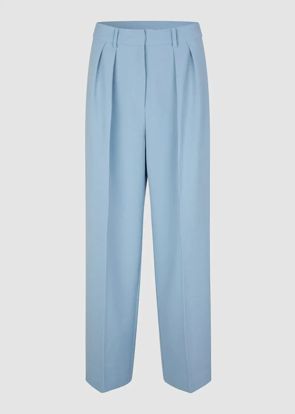 Light blue tailored wide-leg trousers with front pleats and belt loops on white background
