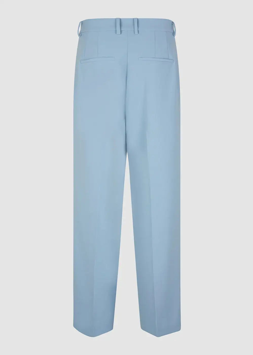 Back view of light blue tailored trousers with belt loops and welt pockets