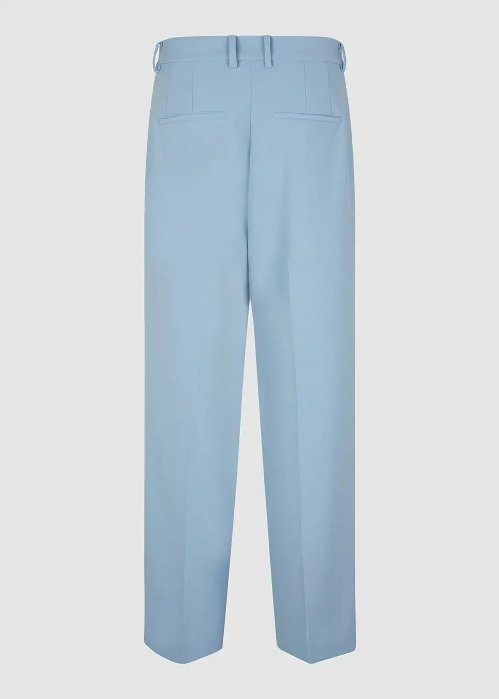 Back view of light blue tailored trousers with belt loops and welt pockets