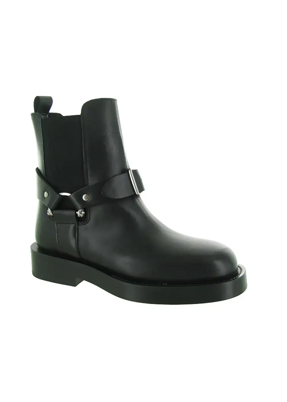 Black leather ankle boot with harness detail and low block heel on white background