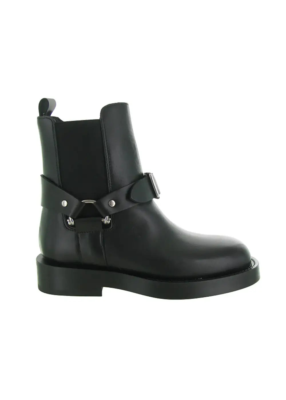Black leather ankle boot with silver hardware and harness detail, side profile on white background