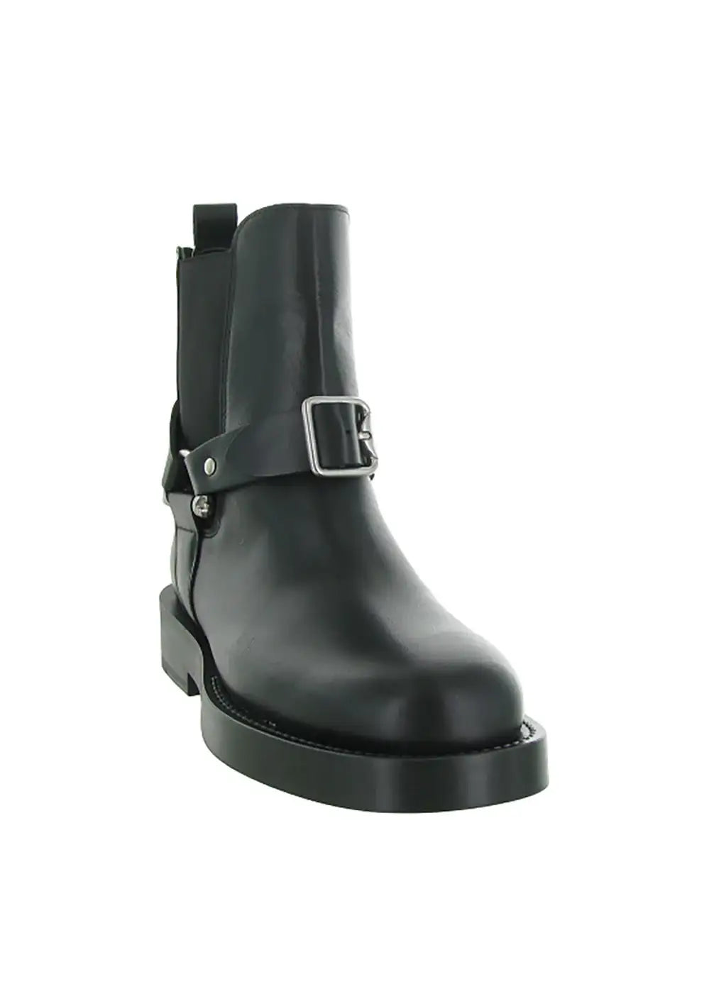 Black leather ankle boot with side buckle and low block heel on white background