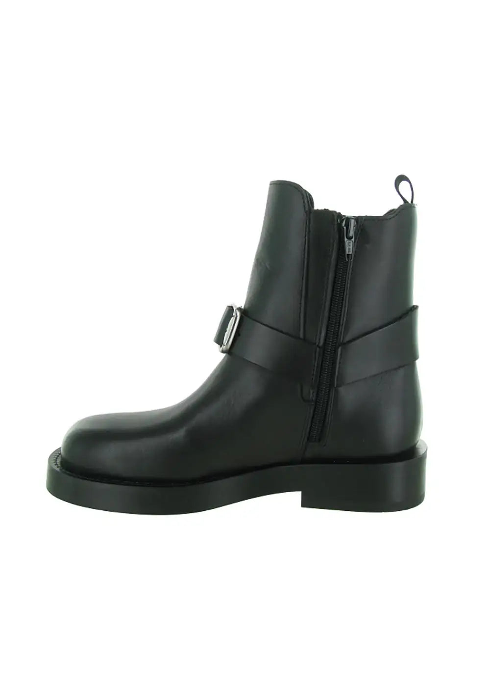 Black leather ankle boot with side zip, buckle strap and low heel on white background