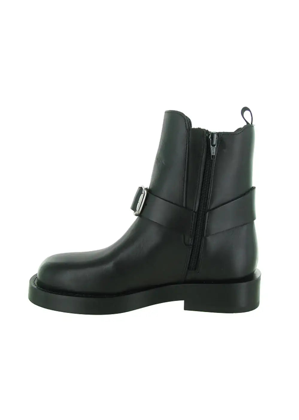 Black leather ankle boot with side zip, buckle strap and low heel on white background