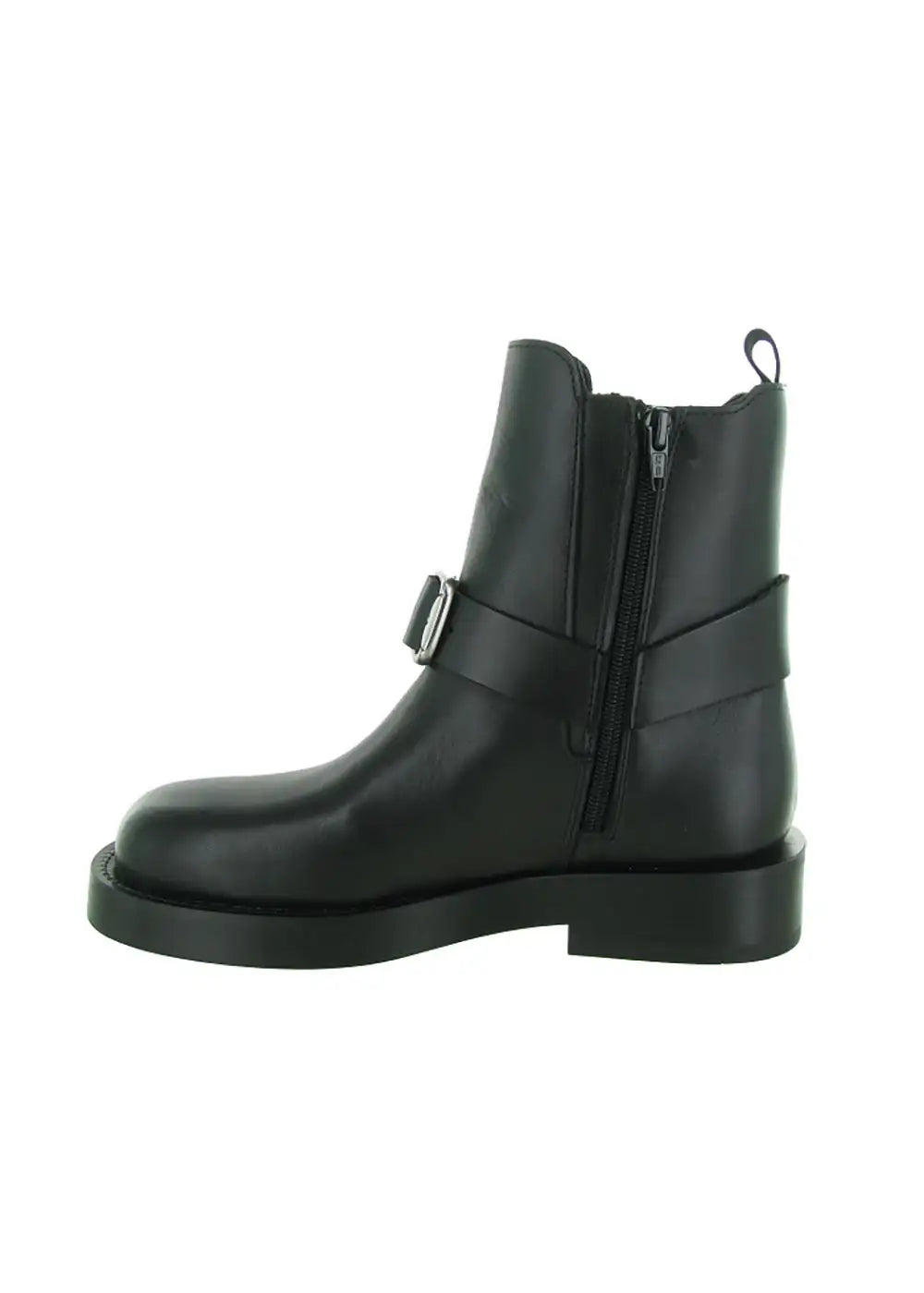 Black leather ankle boot with side zip, buckle strap and low heel on white background