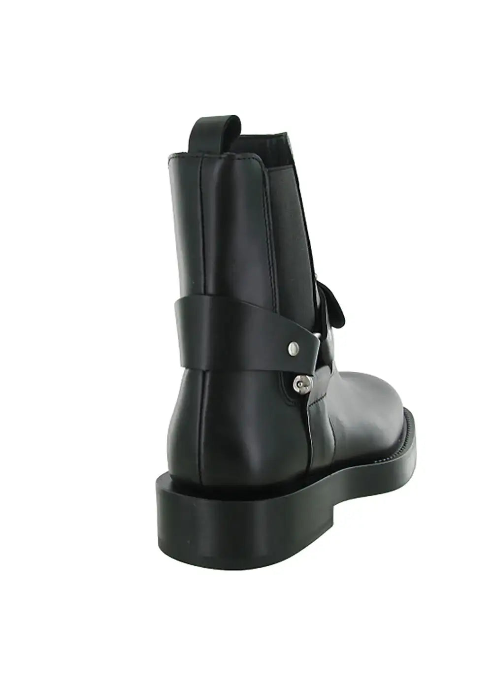 Back view of black leather ankle boot with elastic panel and strap detail
